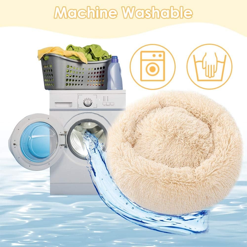 image:imageSlowTon Calming Dog Bed Donut Dog Cuddler Bed 28 Beige Faux Fur Plush Round AntiAnxiety Dog Cat Cushion Bed with NonSlip Bottom