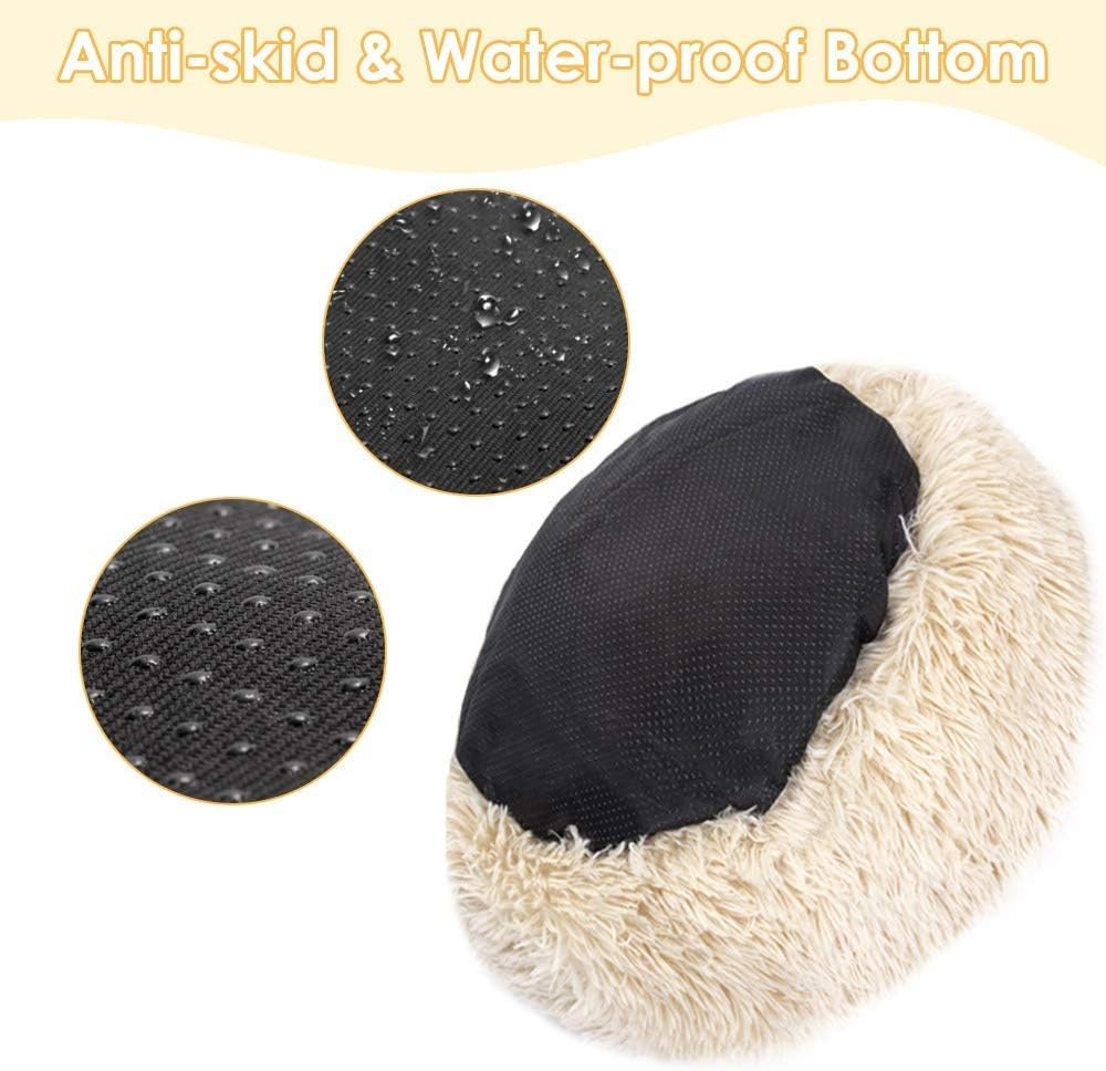 image:imageSlowTon Calming Dog Bed Donut Dog Cuddler Bed 28 Beige Faux Fur Plush Round AntiAnxiety Dog Cat Cushion Bed with NonSlip Bottom