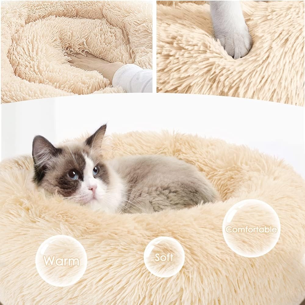 image:imageSlowTon Calming Dog Bed for Small Medium Large Dogs Cats Donut Cuddler Cozy Warm AntiAnxiety Puppy Cat Cushion Mat Ultra Soft Fluffy Plush Round Pet Pillow No Slip Machine WashableBeige20