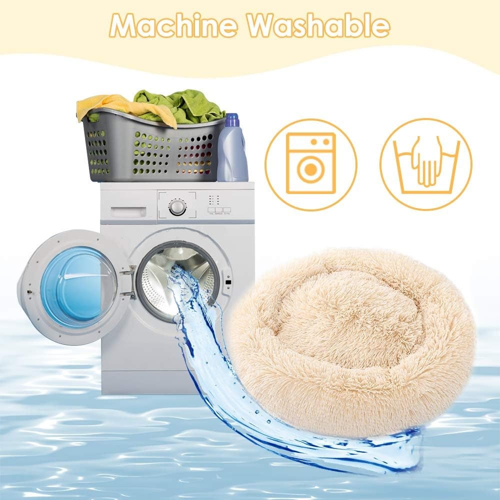 image:imageSlowTon Calming Dog Bed for Small Medium Large Dogs Cats Donut Cuddler Cozy Warm AntiAnxiety Puppy Cat Cushion Mat Ultra Soft Fluffy Plush Round Pet Pillow No Slip Machine WashableBeige20