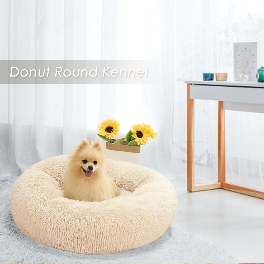 image:imageSlowTon Calming Dog Bed for Small Medium Large Dogs Cats Donut Cuddler Cozy Warm AntiAnxiety Puppy Cat Cushion Mat Ultra Soft Fluffy Plush Round Pet Pillow No Slip Machine WashableBeige20