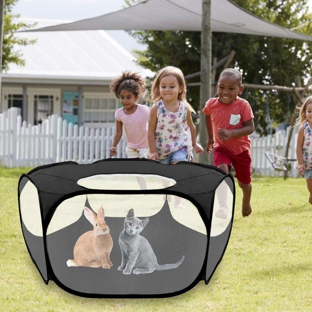 image:imageSlowTon Small Animal Playpen Portable Durable Cat Playpen with Reinforced Mesh Foldable Pet Playpen Exercise Play Pen with Zipper Top Cover Puppy Fence Kitten Rabbit Ferret Chinchilla SBlack
