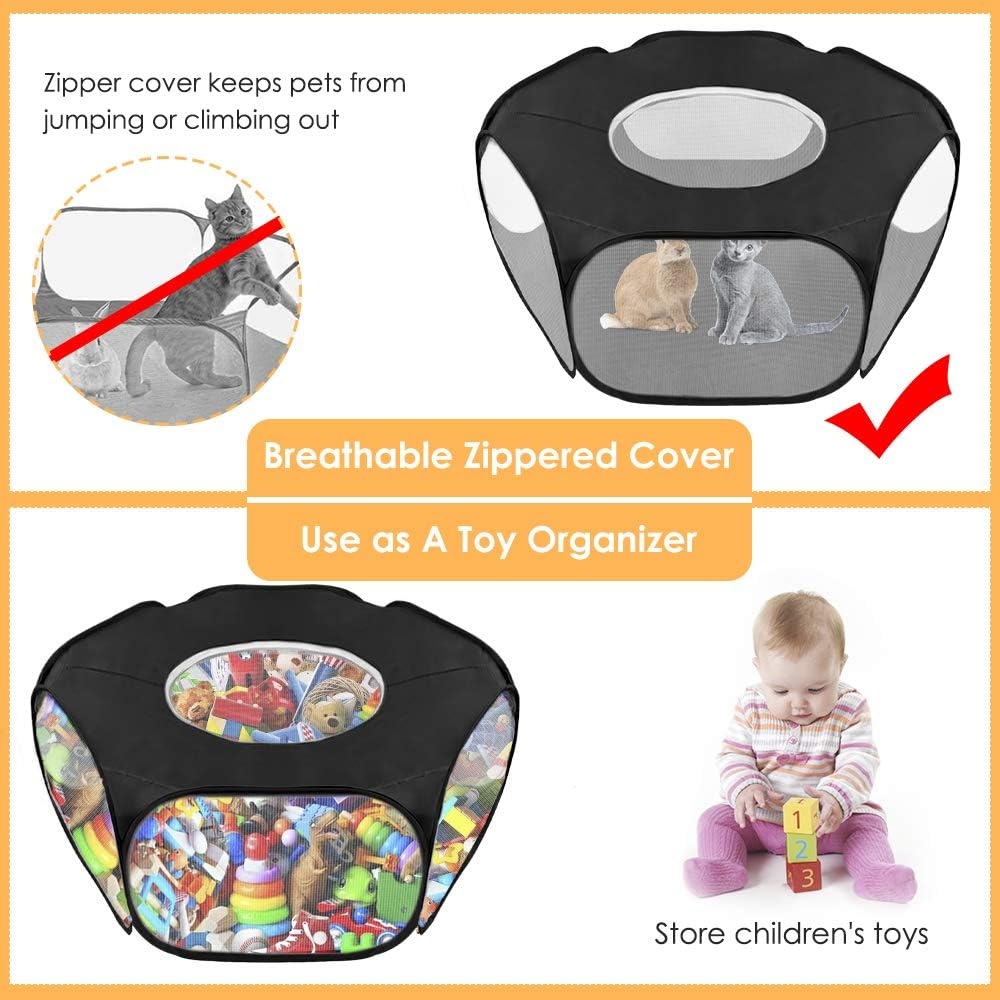 image:imageSlowTon Small Animal Playpen Portable Durable Cat Playpen with Reinforced Mesh Foldable Pet Playpen Exercise Play Pen with Zipper Top Cover Puppy Fence Kitten Rabbit Ferret Chinchilla SBlack