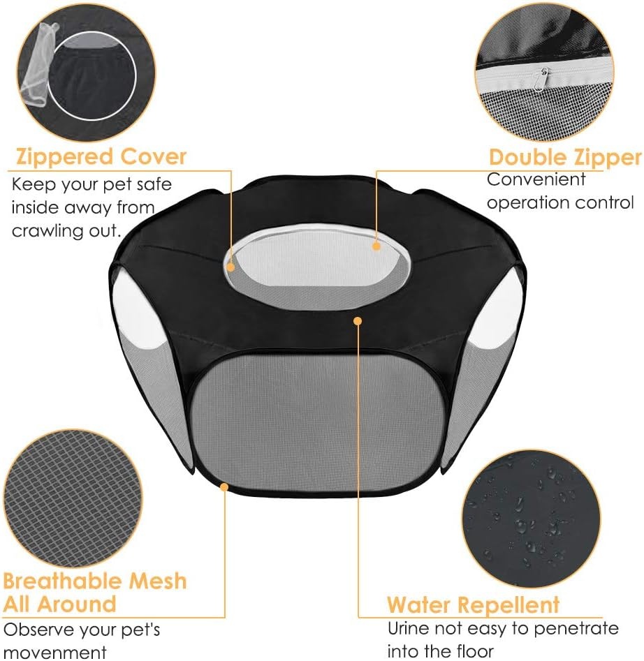 image:imageSlowTon Small Animal Playpen Portable Durable Cat Playpen with Reinforced Mesh Foldable Pet Playpen Exercise Play Pen with Zipper Top Cover Puppy Fence Kitten Rabbit Ferret Chinchilla SBlack
