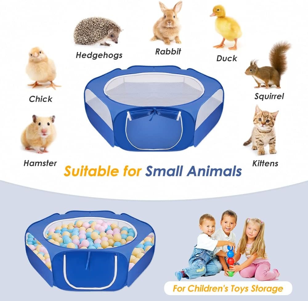 image:imageSlowTon Small Animal Playpen Portable Durable Cat Playpen with Reinforced Mesh Foldable Pet Playpen Exercise Play Pen with Zipper Top Cover Puppy Fence Kitten Rabbit Ferret Chinchilla MBlue