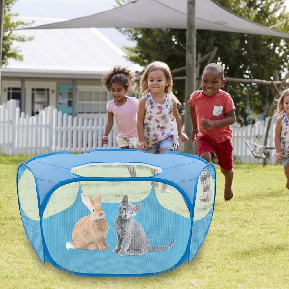 image:imageSlowTon Small Animal Playpen Portable Durable Cat Playpen with Reinforced Mesh Foldable Pet Playpen Exercise Play Pen with Zipper Top Cover Puppy Fence Kitten Rabbit Ferret Chinchilla SBlue
