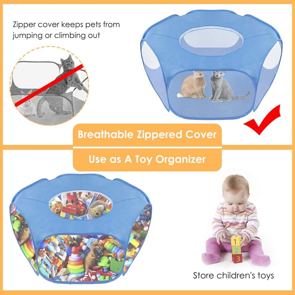 image:imageSlowTon Small Animal Playpen Portable Durable Cat Playpen with Reinforced Mesh Foldable Pet Playpen Exercise Play Pen with Zipper Top Cover Puppy Fence Kitten Rabbit Ferret Chinchilla SBlue