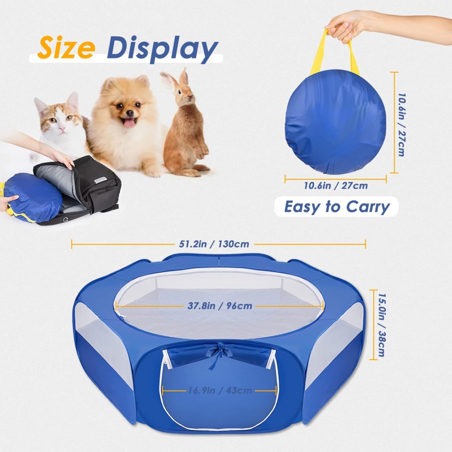 image:imageSlowTon Small Animal Playpen Portable Durable Cat Playpen with Reinforced Mesh Foldable Pet Playpen Exercise Play Pen with Zipper Top Cover Puppy Fence Kitten Rabbit Ferret Chinchilla MBlue