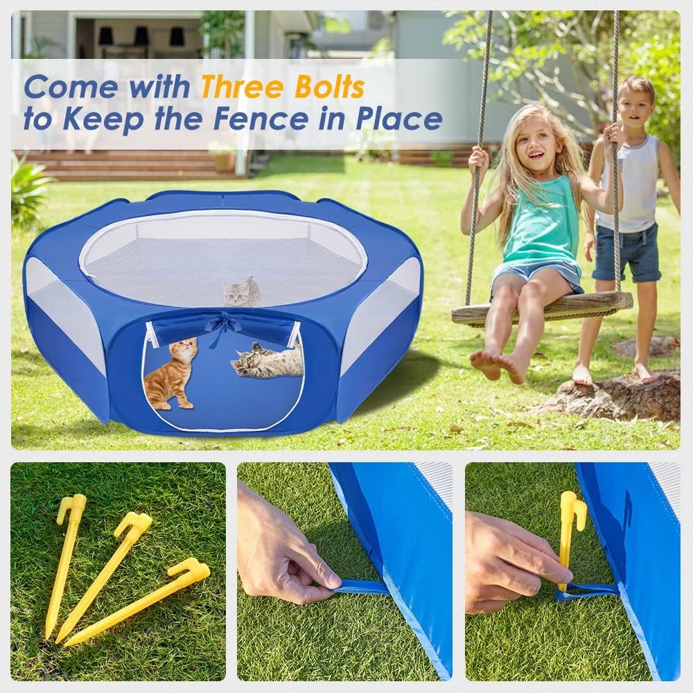 image:imageSlowTon Small Animal Playpen Portable Durable Cat Playpen with Reinforced Mesh Foldable Pet Playpen Exercise Play Pen with Zipper Top Cover Puppy Fence Kitten Rabbit Ferret Chinchilla MBlue