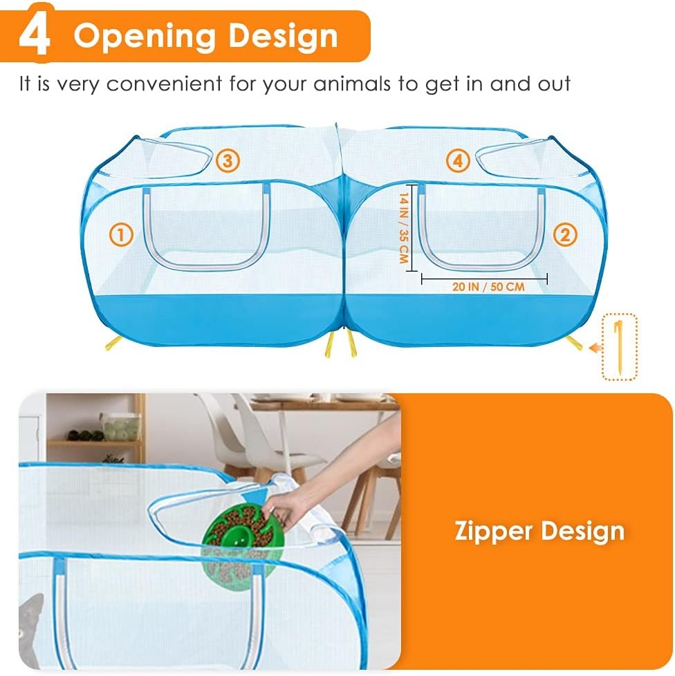 image:imageSlowTon Small Animals Playpen Portable Large Chicken Run Coop with Breathable Transparent Mesh Walls Foldable Pet Cage Tent with 4 Zipper Doors for Puppy Rabbits Outdoor Yard No Bottom