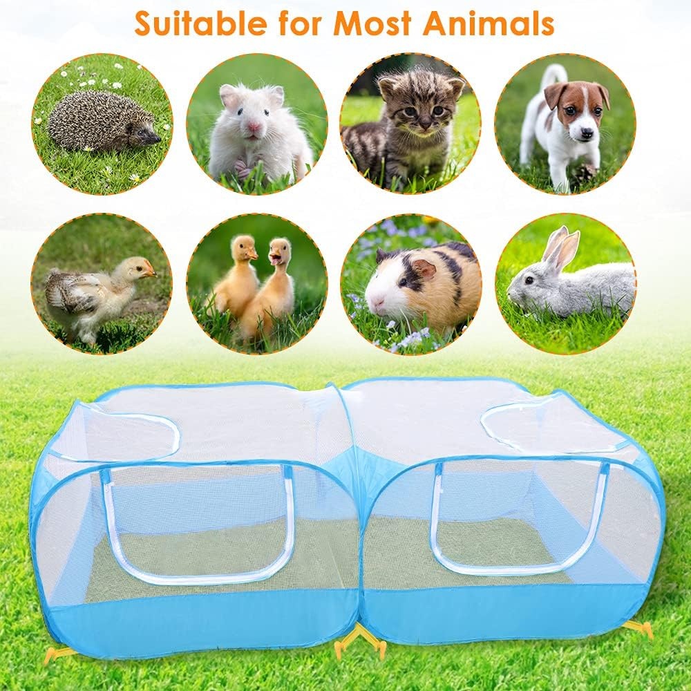 image:imageSlowTon Small Animals Playpen Portable Large Chicken Run Coop with Breathable Transparent Mesh Walls Foldable Pet Cage Tent with 4 Zipper Doors for Puppy Rabbits Outdoor Yard No Bottom