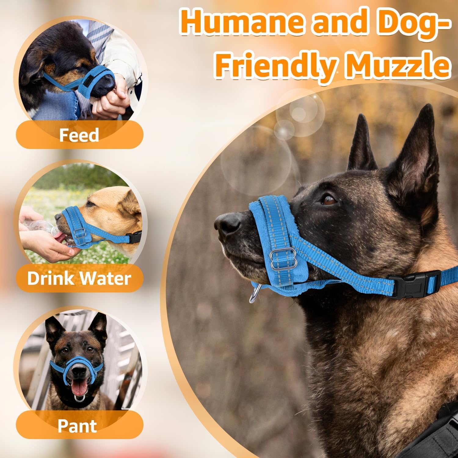 image:imageSlowTon Soft Dog Muzzle Adjustable Padded Nylon Muzzle for Large Medium Dogs Anti Chewing Barking Biting Allow Dog Pant amp Drink Black LBlue