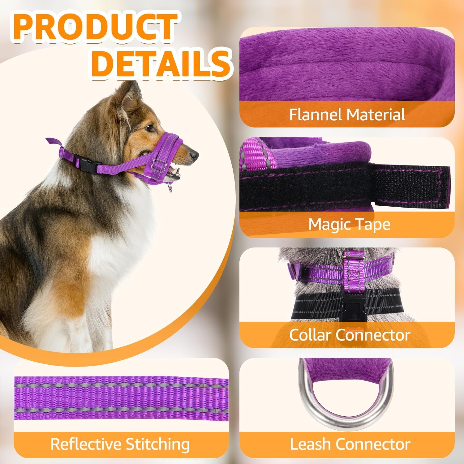 image:imageSlowTon Soft Dog Muzzle Adjustable Padded Nylon Muzzle for Large Medium Dogs Anti Chewing Barking Biting Allow Dog Pant amp Drink Black LPurple