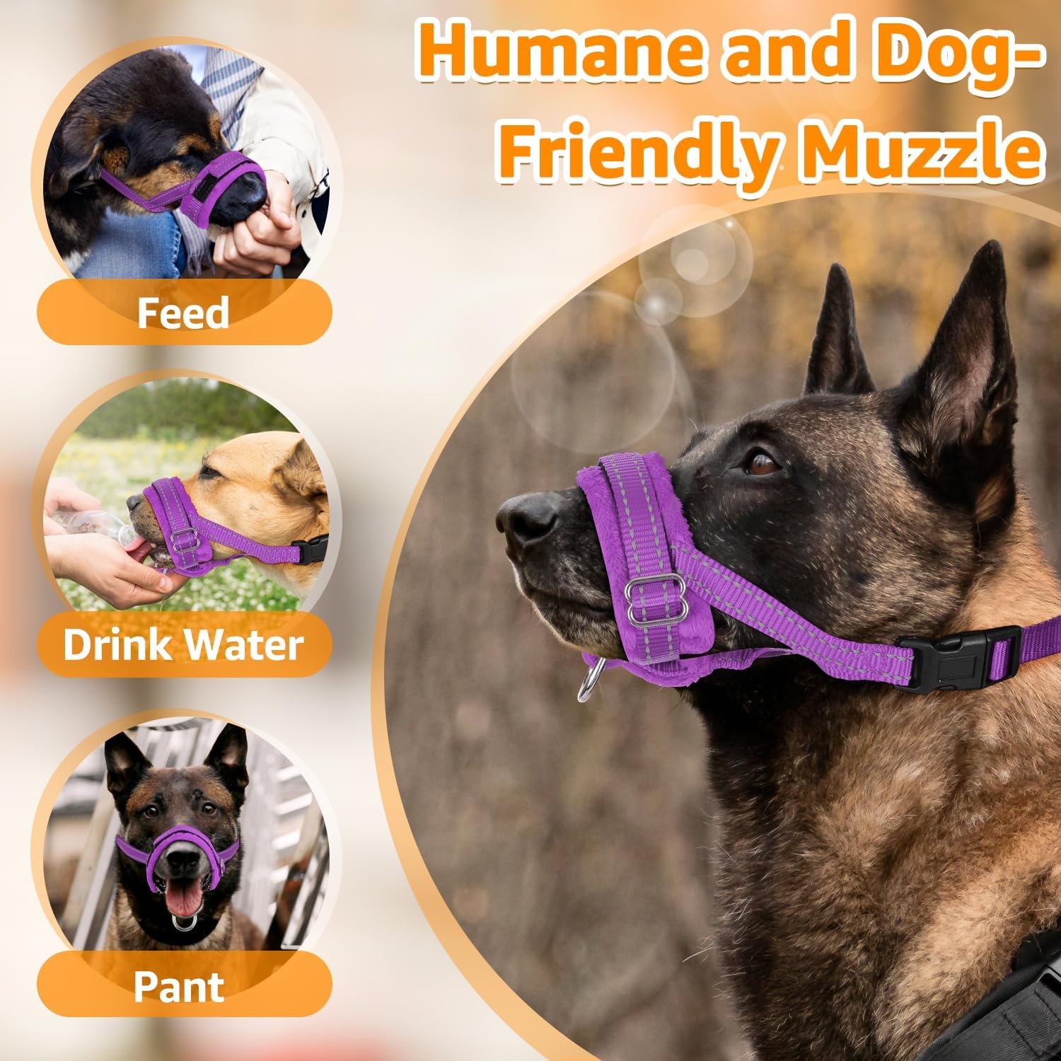 image:imageSlowTon Soft Dog Muzzle Adjustable Padded Nylon Muzzle for Large Medium Dogs Anti Chewing Barking Biting Allow Dog Pant amp Drink Black LPurple