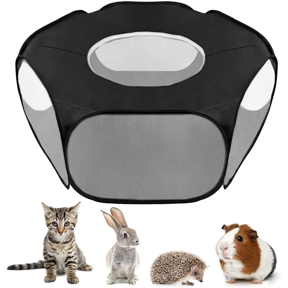 image:imageSlowTon Small Animal Playpen Portable Durable Cat Playpen with Reinforced Mesh Foldable Pet Playpen Exercise Play Pen with Zipper Top Cover Puppy Fence Kitten Rabbit Ferret Chinchilla SBlack