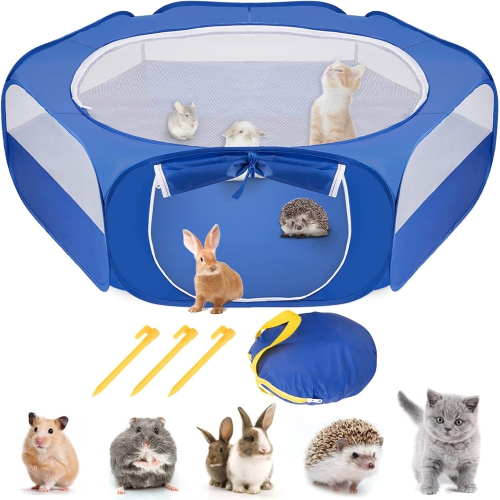 image:imageSlowTon Small Animal Playpen Portable Durable Cat Playpen with Reinforced Mesh Foldable Pet Playpen Exercise Play Pen with Zipper Top Cover Puppy Fence Kitten Rabbit Ferret Chinchilla MBlue