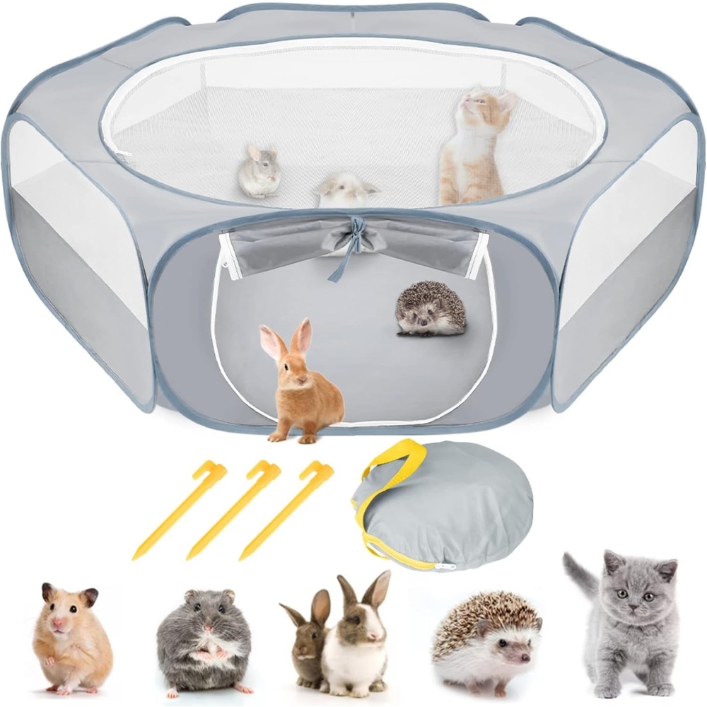 image:imageSlowTon Small Animal Playpen Portable Durable Cat Playpen with Reinforced Mesh Foldable Pet Playpen Exercise Play Pen with Zipper Top Cover Puppy Fence Kitten Rabbit Ferret Chinchilla MGrey