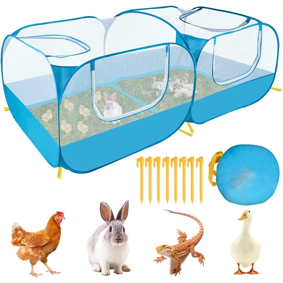 image:imageSlowTon Small Animals Playpen Portable Large Chicken Run Coop with Breathable Transparent Mesh Walls Foldable Pet Cage Tent with 4 Zipper Doors for Puppy Rabbits Outdoor Yard No Bottom