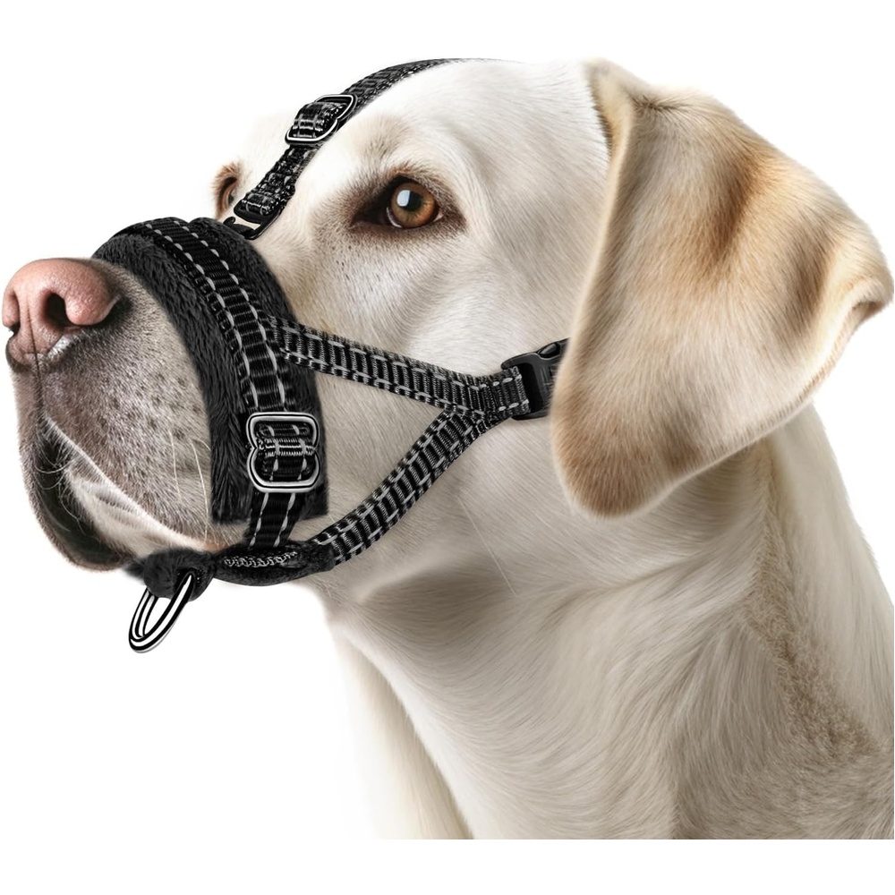 image:imageSlowTon Soft Dog Muzzle Adjustable Padded Nylon Muzzle for Large Medium Dogs Anti Chewing Barking Biting Allow Dog Pant amp Drink Black LBlack with Overhead Strap