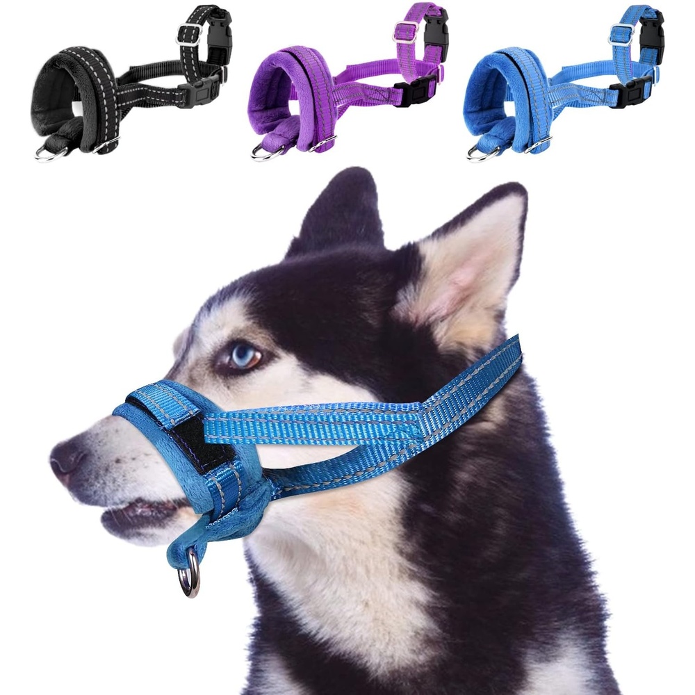 image:imageSlowTon Soft Dog Muzzle Adjustable Padded Nylon Muzzle for Large Medium Dogs Anti Chewing Barking Biting Allow Dog Pant amp Drink Black LBlue