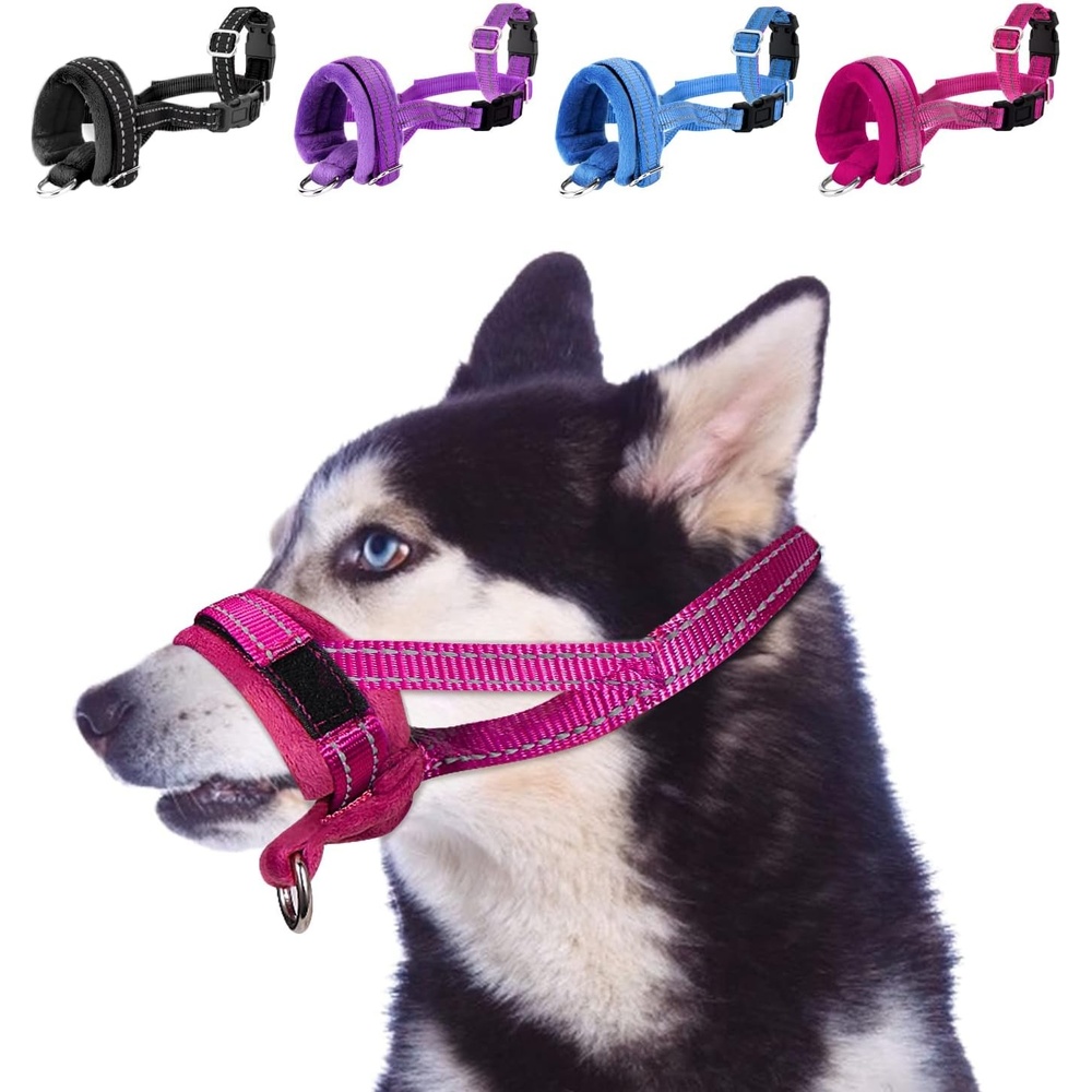 image:imageSlowTon Soft Dog Muzzle Adjustable Padded Nylon Muzzle for Large Medium Dogs Anti Chewing Barking Biting Allow Dog Pant amp Drink Black LFuchsia