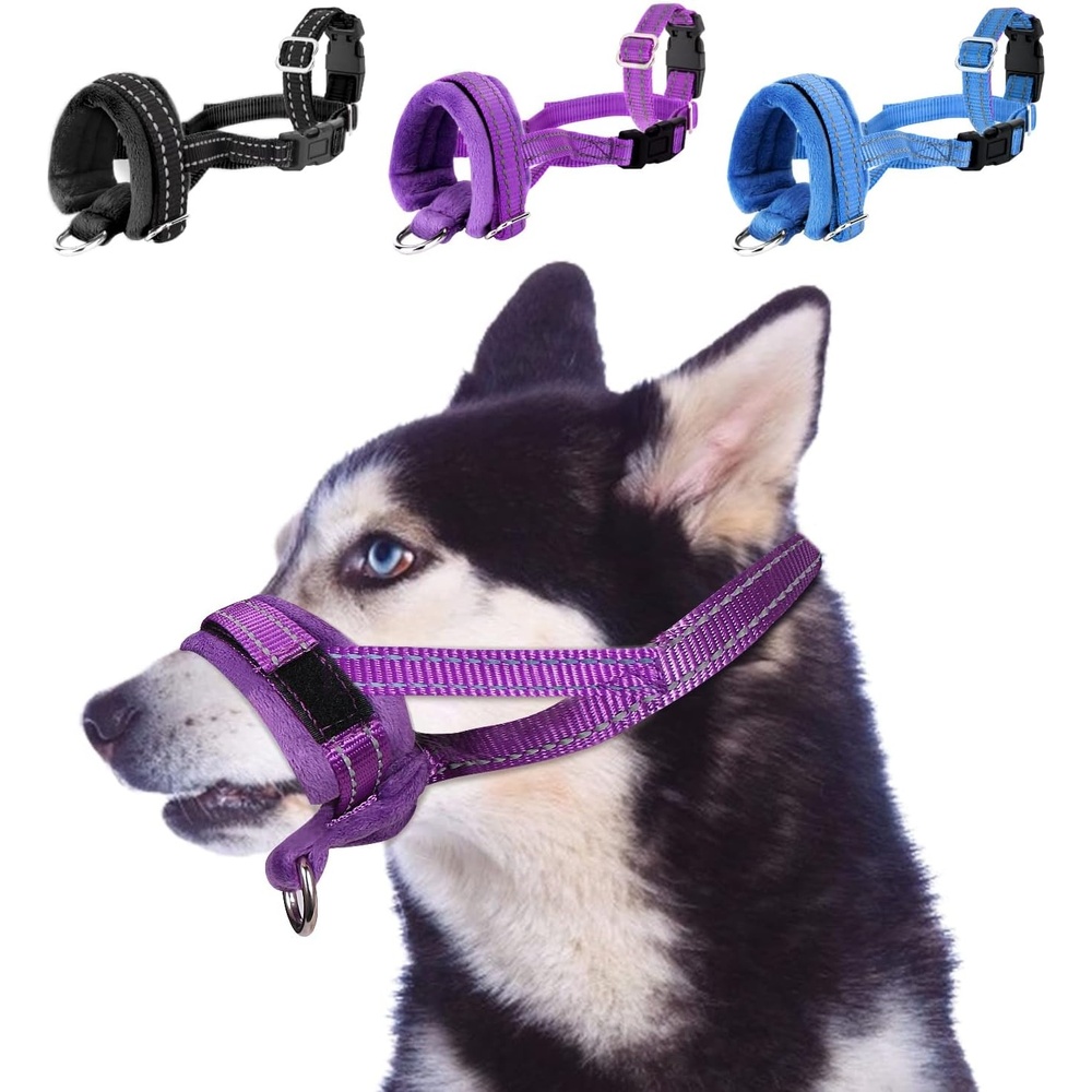 image:imageSlowTon Soft Dog Muzzle Adjustable Padded Nylon Muzzle for Large Medium Dogs Anti Chewing Barking Biting Allow Dog Pant amp Drink Black LPurple