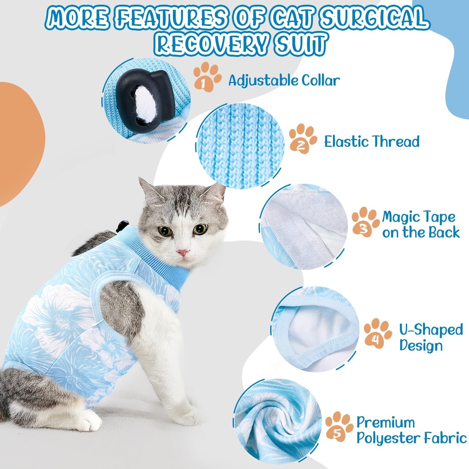 image:imageSlowTon Cat Recovery Suit Cat Onesie for Cats After Surgery Female Male Kitten Clothes Cats Surgical Spay Suit Abdominal Wounds ECollar Alternative Bodysuit Shirt AntiLicking Blue FlowerSBlue Flower