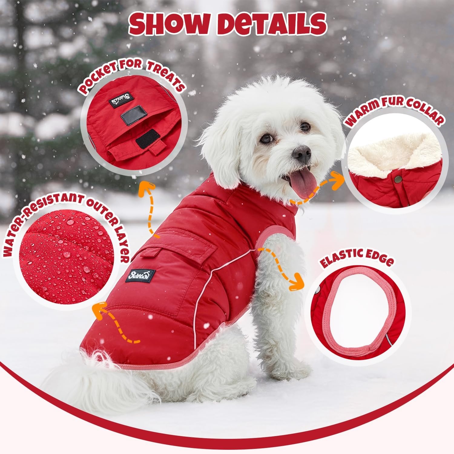 image:imageSlowTon Dog Coat Warm Dog Winter Coat Waterproof Reflective Winter Jacket with Pocket Puppy Fleece Vest Pet Apparel Cold Weather Clothes for Small Medium Large Dogs Boy Girl Red S1Red