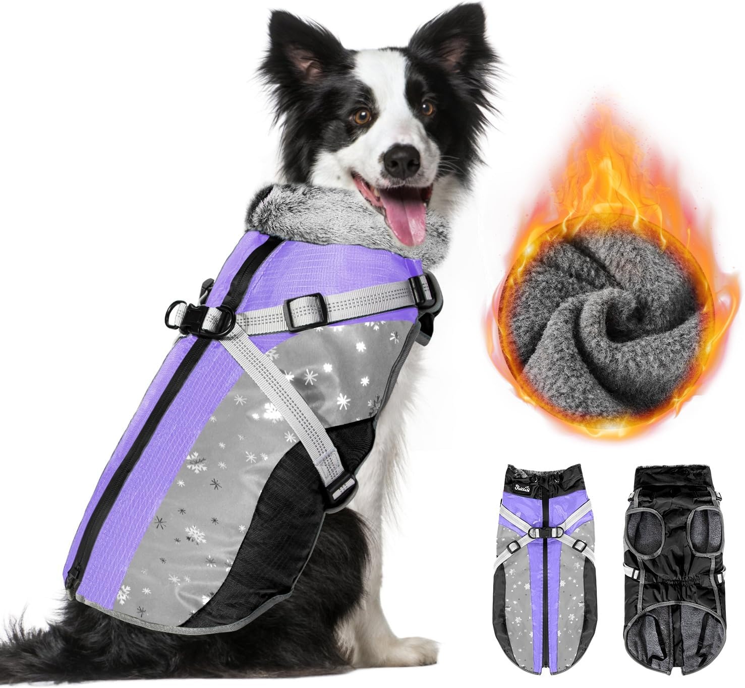 image:imageSlowTon Dog Jacket with Harness Built in Waterproof Fleece Winter Warm Dog Coats for Small Medium Dogs Reflective Adjustable Furry Puppy Vest Clothes for Outdoor Walking BlueSPurple Black