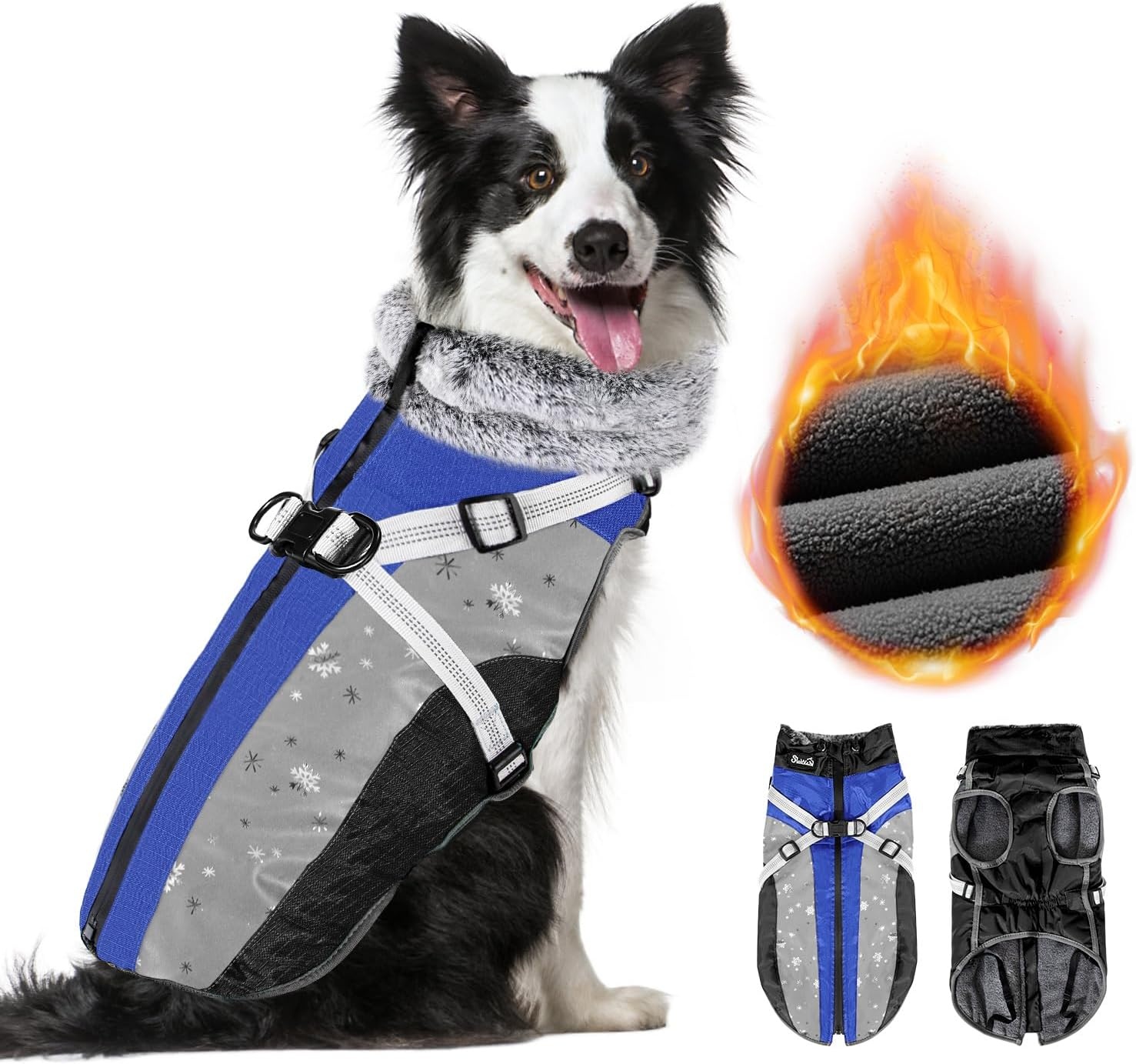 image:imageSlowTon Dog Jacket with Harness Built in Waterproof Fleece Winter Warm Dog Coats for Small Medium Dogs Reflective Adjustable Furry Puppy Vest Clothes for Outdoor Walking BlueSBlue Black