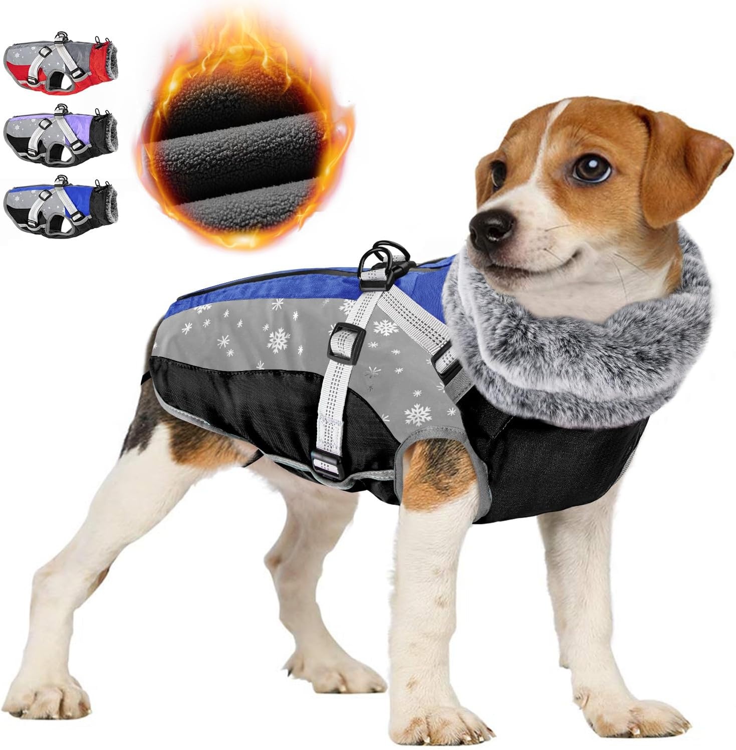 image:imageSlowTon Dog Jacket with Harness Built in Waterproof Fleece Winter Warm Dog Coats for Small Medium Dogs Reflective Adjustable Furry Puppy Vest Clothes for Outdoor Walking BlueSBlue Black
