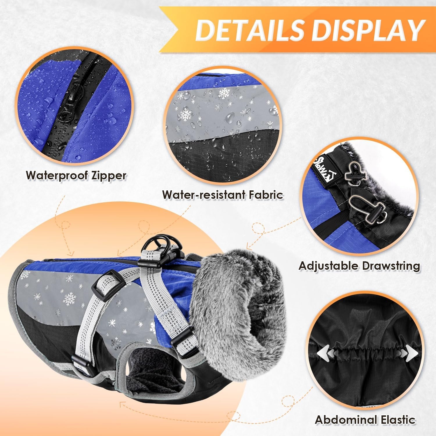 image:imageSlowTon Dog Jacket with Harness Built in Waterproof Fleece Winter Warm Dog Coats for Small Medium Dogs Reflective Adjustable Furry Puppy Vest Clothes for Outdoor Walking BlueSBlue Black