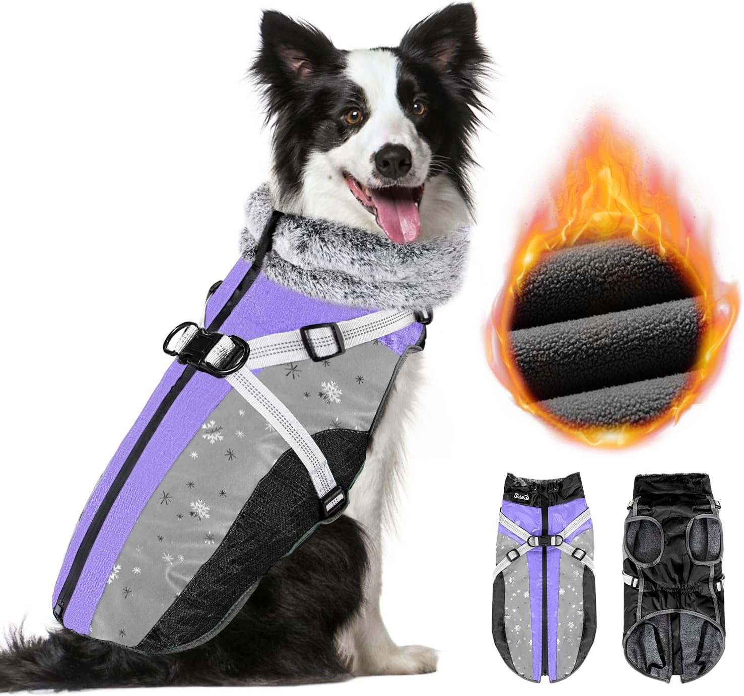 image:imageSlowTon Dog Jacket with Harness Built in Waterproof Fleece Winter Warm Dog Coats for Small Medium Dogs Reflective Adjustable Furry Puppy Vest Clothes for Outdoor Walking BlueSPurple Black