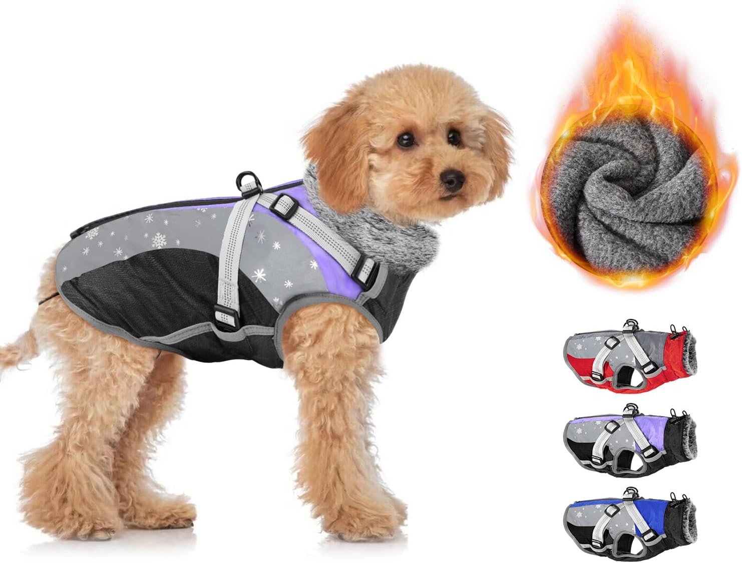 image:imageSlowTon Dog Jacket with Harness Built in Waterproof Fleece Winter Warm Dog Coats for Small Medium Dogs Reflective Adjustable Furry Puppy Vest Clothes for Outdoor Walking BlueSPurple Black