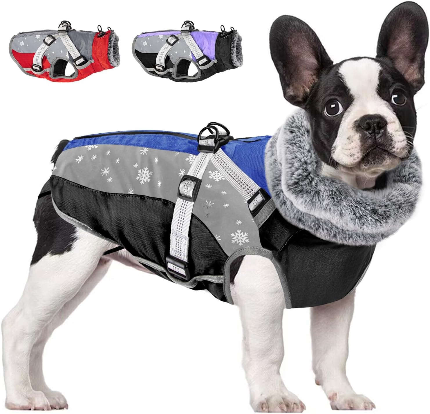 image:imageSlowTon Dog Jacket with Harness Built in Waterproof Fleece Winter Warm Dog Coats for Small Medium Dogs Reflective Adjustable Furry Puppy Vest Clothes for Outdoor Walking BlueSBlue Black