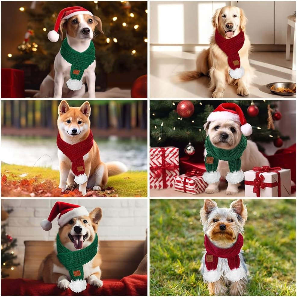 image:imageSlowTon Dog Knitted Scarf 2 Pack Dog Warm Bandanas Winter Holiday Decoration Scarf for Small Medium Large Dogs RedRedDRed Green with Pompom Ball