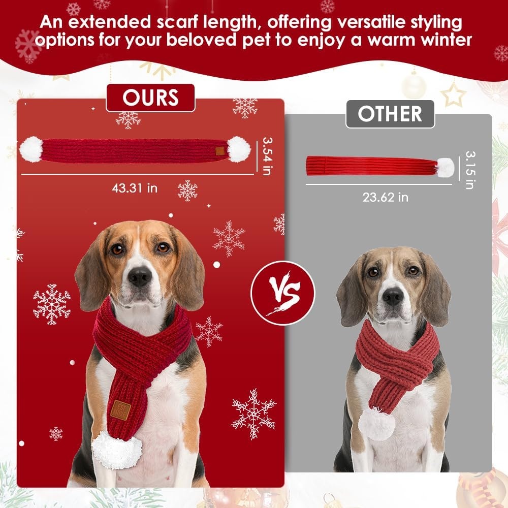 image:imageSlowTon Dog Knitted Scarf 2 Pack Dog Warm Bandanas Winter Holiday Decoration Scarf for Small Medium Large Dogs RedRedDRed Green with Pompom Ball