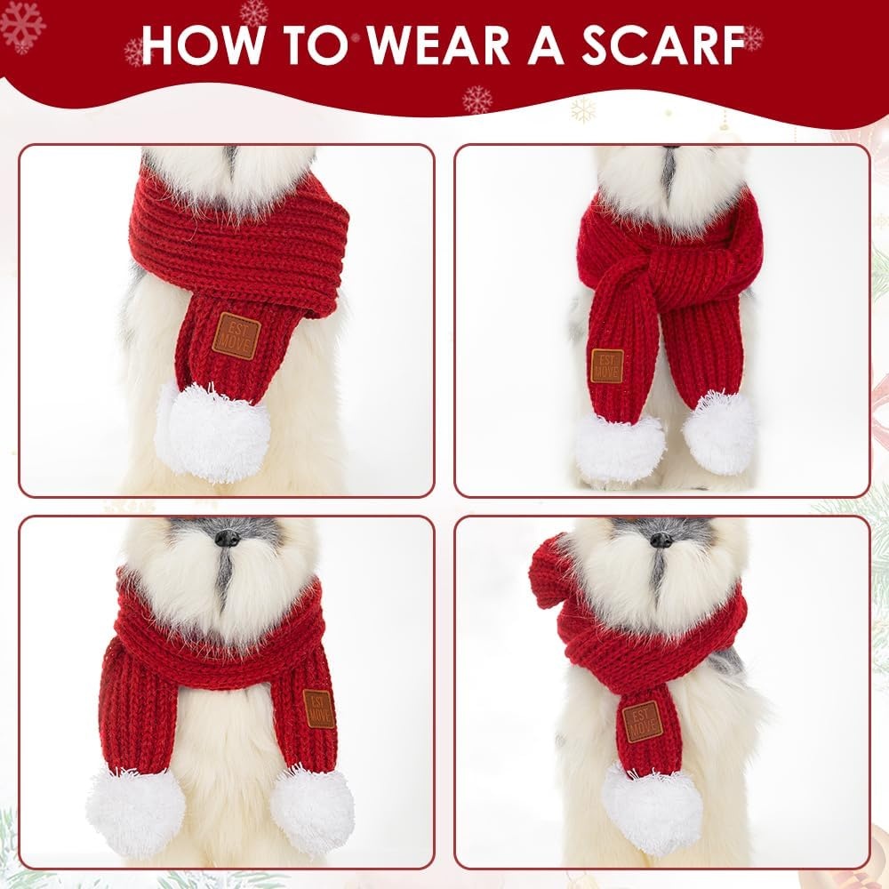 image:imageSlowTon Dog Knitted Scarf 2 Pack Dog Warm Bandanas Winter Holiday Decoration Scarf for Small Medium Large Dogs RedRedDRed Green with Pompom Ball