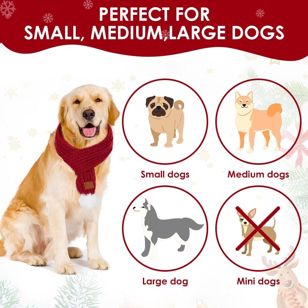 image:imageSlowTon Dog Knitted Scarf 2 Pack Dog Warm Bandanas Winter Holiday Decoration Scarf for Small Medium Large Dogs RedRedDRed Green with Pompom Ball