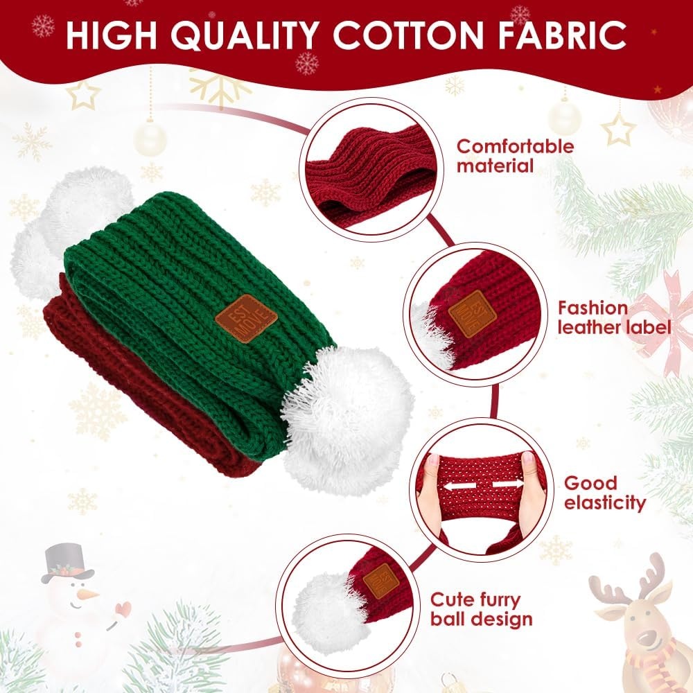image:imageSlowTon Dog Knitted Scarf 2 Pack Dog Warm Bandanas Winter Holiday Decoration Scarf for Small Medium Large Dogs RedRedFGreen Red with Pompom Ball