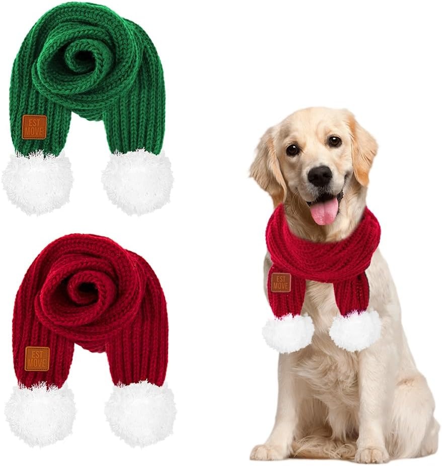 image:imageSlowTon Dog Knitted Scarf 2 Pack Dog Warm Bandanas Winter Holiday Decoration Scarf for Small Medium Large Dogs RedRedFGreen Red with Pompom Ball