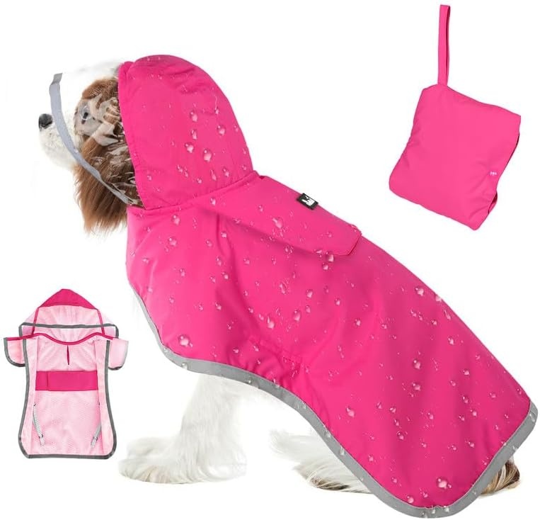 image:imageSlowTon Dog Raincoat Adjustable Dog Rain Jacket Clear Hooded Double Layer Waterproof Poncho with Reflective Strip Straps and Storage Pocket for Small Medium Large DogsXXLFuchsia