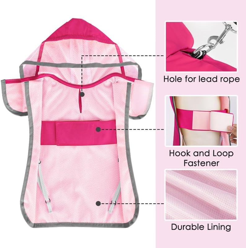 image:imageSlowTon Dog Raincoat Adjustable Dog Rain Jacket Clear Hooded Double Layer Waterproof Poncho with Reflective Strip Straps and Storage Pocket for Small Medium Large DogsXXLFuchsia