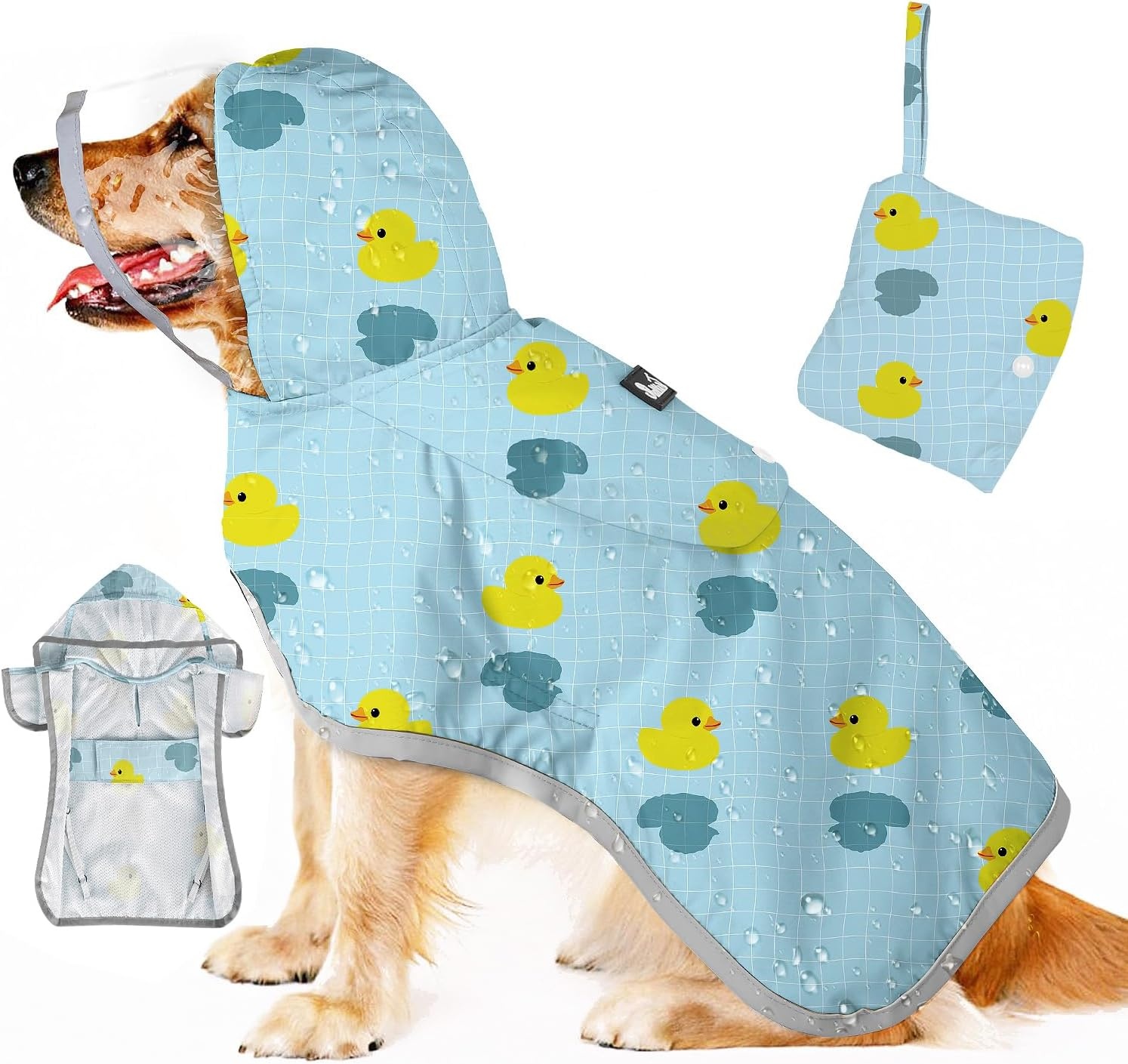 image:imageSlowTon Dog Raincoat Adjustable Dog Rain Jacket Clear Hooded Double Layer Waterproof Poncho with Reflective Strip Straps and Storage Pocket for Small Medium Large DogsXXLDuck Pattern
