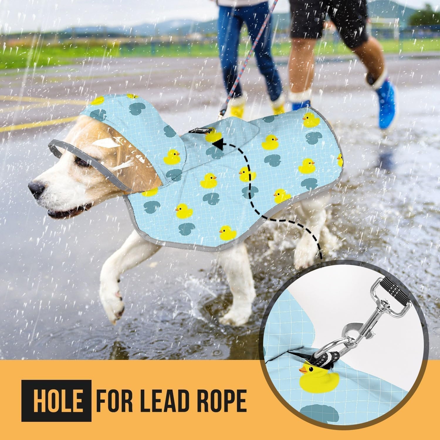 image:imageSlowTon Dog Raincoat Adjustable Dog Rain Jacket Clear Hooded Double Layer Waterproof Poncho with Reflective Strip Straps and Storage Pocket for Small Medium Large DogsXXLDuck Pattern