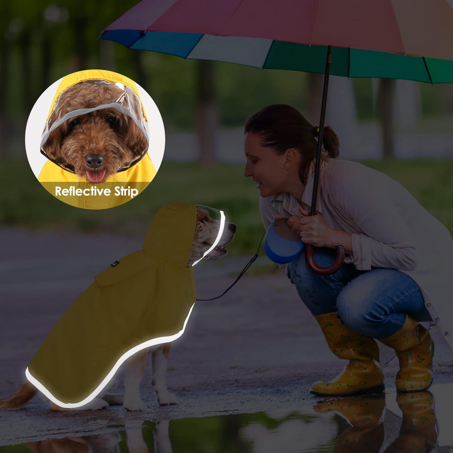 image:imageSlowTon Dog Raincoat Adjustable Dog Rain Jacket Clear Hooded Double Layer Waterproof Poncho with Reflective Strip Straps and Storage Pocket for Small Medium Large DogsXXLYellow