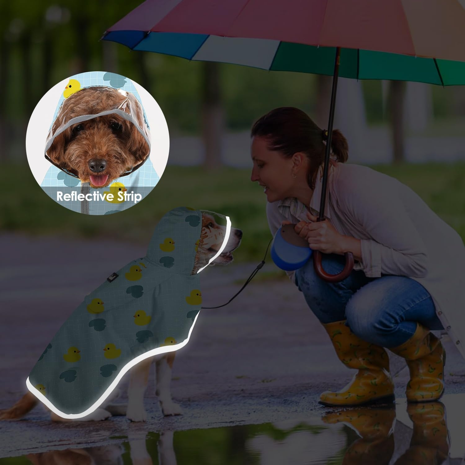 image:imageSlowTon Dog Raincoat Adjustable Dog Rain Jacket Clear Hooded Double Layer Waterproof Poncho with Reflective Strip Straps and Storage Pocket for Small Medium Large DogsXXLDuck Pattern