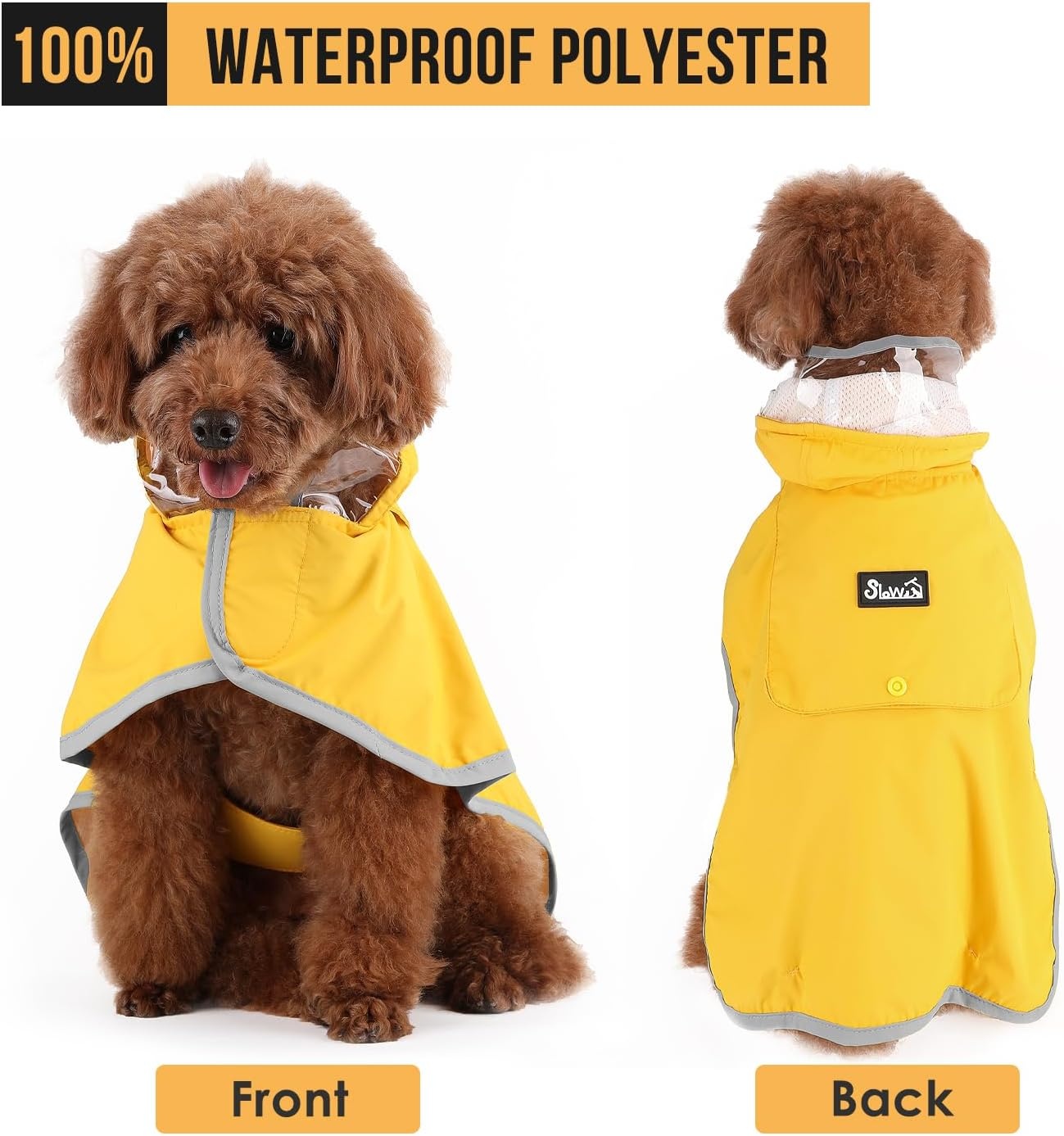 image:imageSlowTon Dog Raincoat Adjustable Dog Rain Jacket Clear Hooded Double Layer Waterproof Poncho with Reflective Strip Straps and Storage Pocket for Small Medium Large DogsXXLYellow