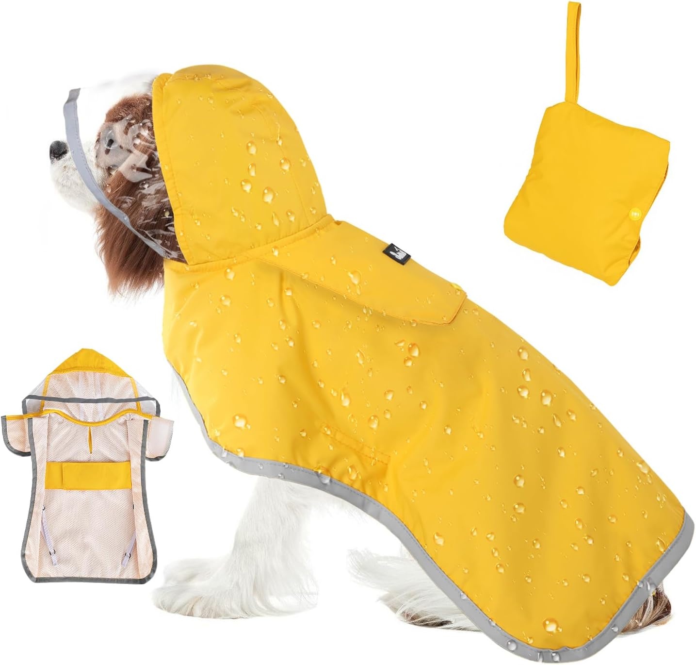 image:imageSlowTon Dog Raincoat Adjustable Dog Rain Jacket Clear Hooded Double Layer Waterproof Poncho with Reflective Strip Straps and Storage Pocket for Small Medium Large DogsXXLYellow
