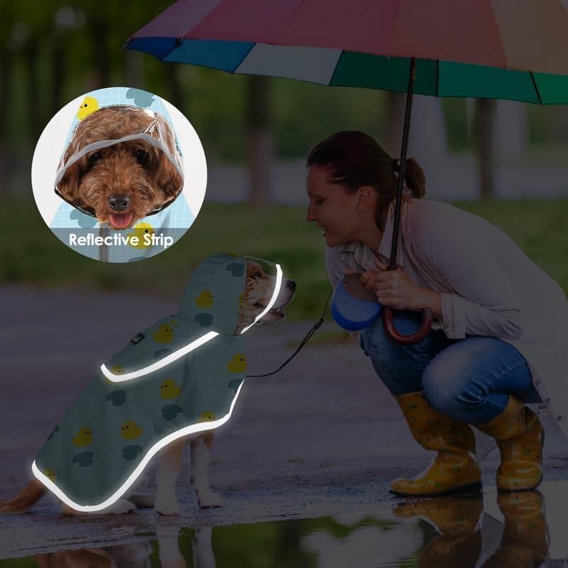 image:imageSlowTon Dog Raincoat Adjustable Dog Rain Jacket Clear Hooded Double Layer Waterproof Poncho with Reflective Strip Straps and Storage Pocket for Small Medium Large DogsXXLDuck Pattern